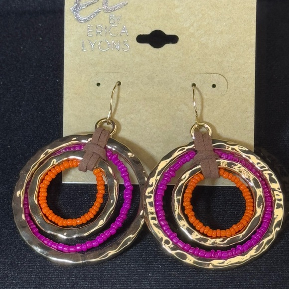 Erica Lyon Gold Pink Orange Rings Dangling Hook Earrings 2.5 inch - Picture 3 of 7
